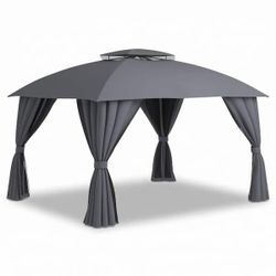 0963 10 ft. x 12 ft. Gray Outdoor Patio Gazebo with Light, Double Roof Canopy with Mosquito Netting and Privacy Screens  Built-in led lights for 