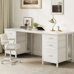 63 inch Office Desk with 6 Fabric Drawers & File Cabinets, Work from Home Computer Desk with Hidden Storage Stand & USB Ports, White