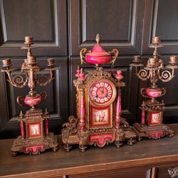 Rare French Antique Pink Sevres-Style Gilt Bronze Porcelain Mantel Clock Candelabra