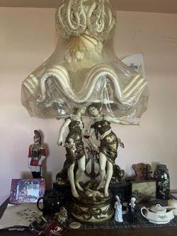 ART NOUVEAU FIGURAL LAMP AFTER AUGUSTE MOREAU ''ALLEGORY OF MUSIC'': 25'' h., 46'' with cloth shade, incised signature,