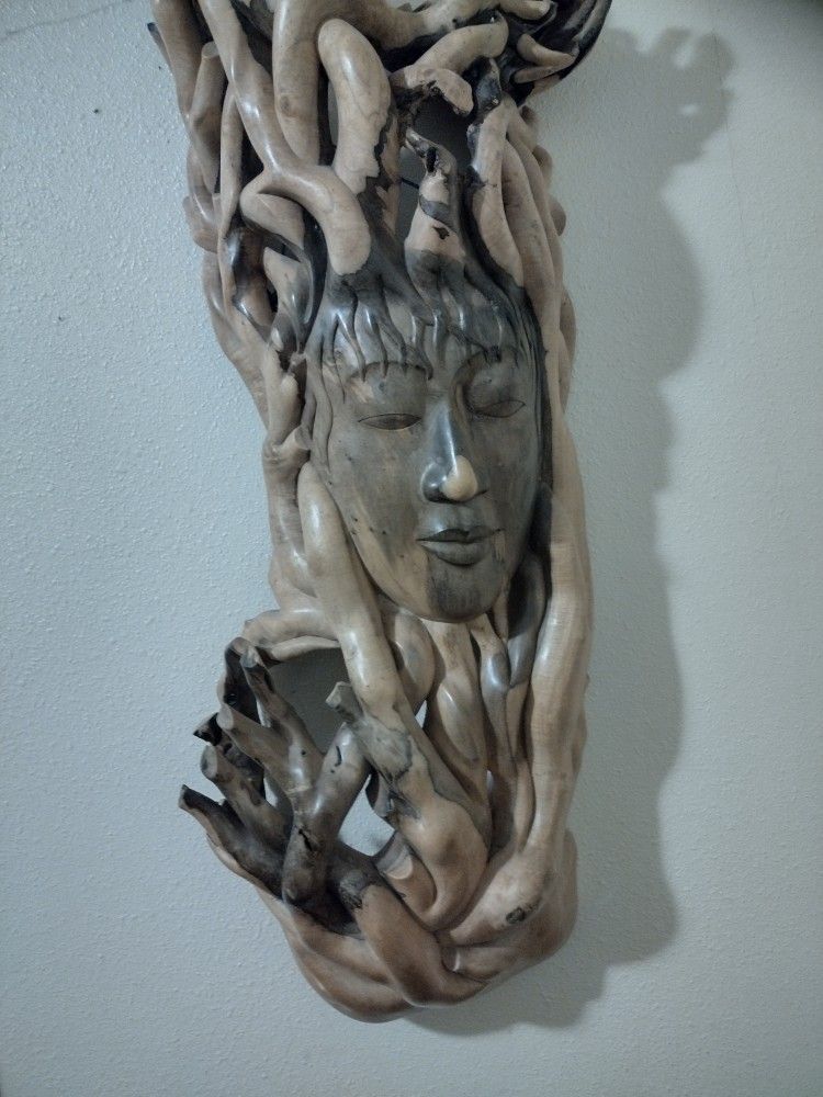 Hand Carved Driftwood Face Of Asian Lady