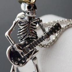 Men's Classic Fashion Design Skull Playing Guitar Pendant Hip Hop Rap Rock Singer Gift Necklace 