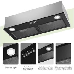 Brand New In the Box- FIREGAS Black Range Hood 28 inch, Built-in Kitchen Vent Hood with 450 CFM, 3 Speed Exhaust Fan, 2 LED Lights & Button Control, D