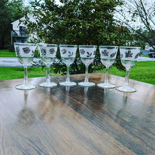 Set Of 6 Libbey Silver Autumn Leaf Sherry Glasses