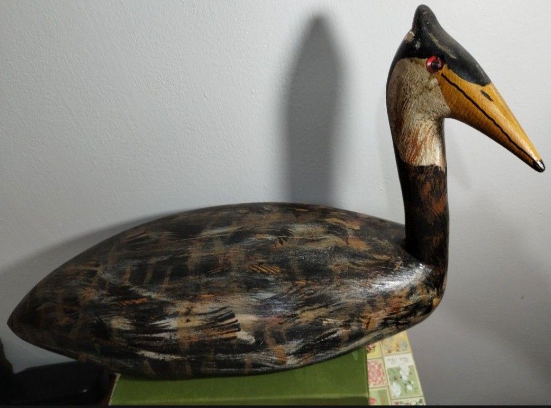 LARGE HAND PAINTED - HAND CARVED GREBE DUCK SCULPTURE 22"×9"×11"H