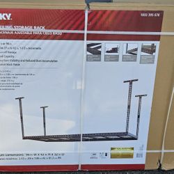 * 97.5 in. W x 43.75 in. H x 32 in. D Adjustable Height Metal Heavy-Duty Overhead Garage Storage Rack in Black