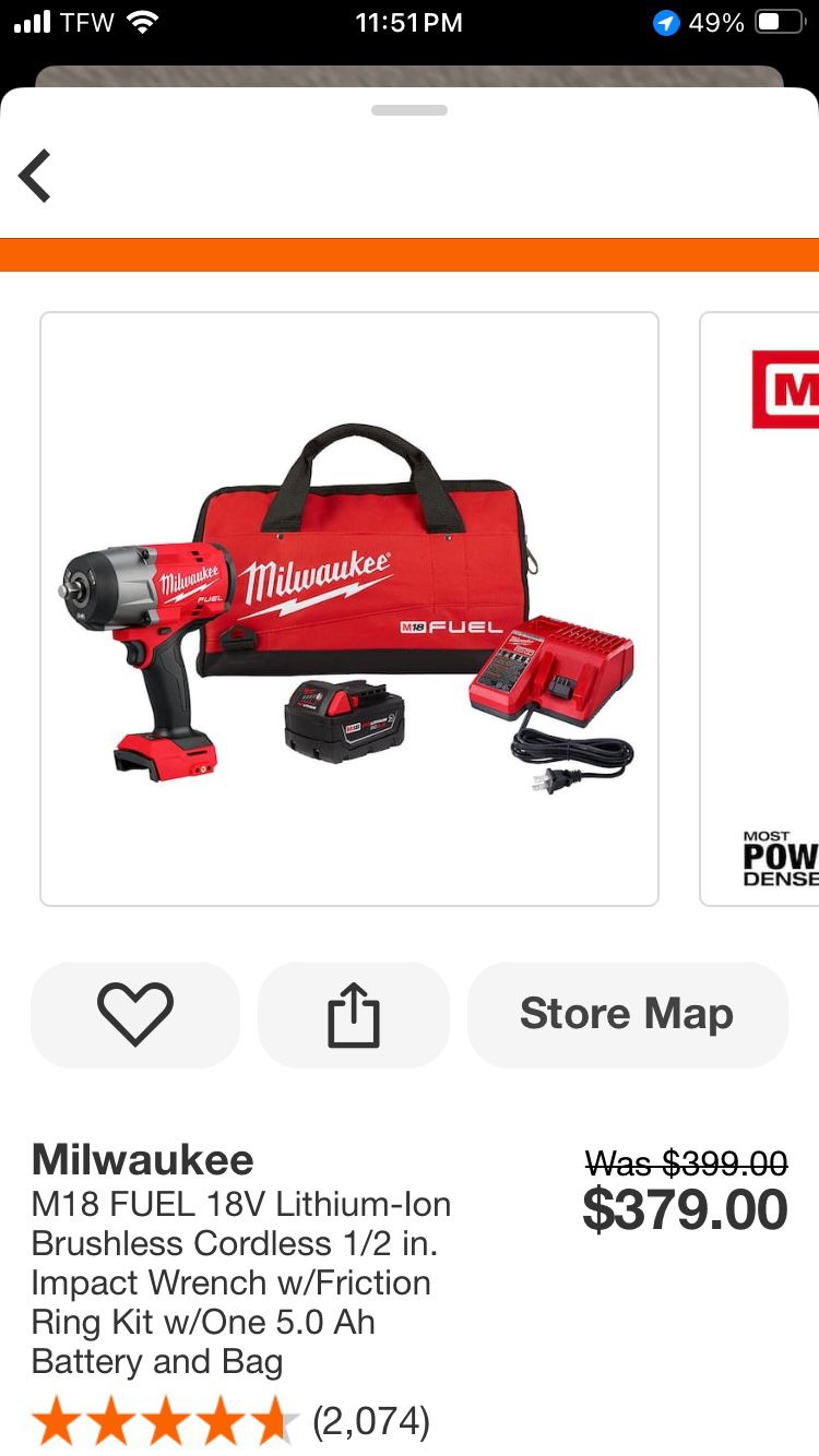 Milwaukee 1/2 High Torque Impact Wrench W Friction Ring Kit