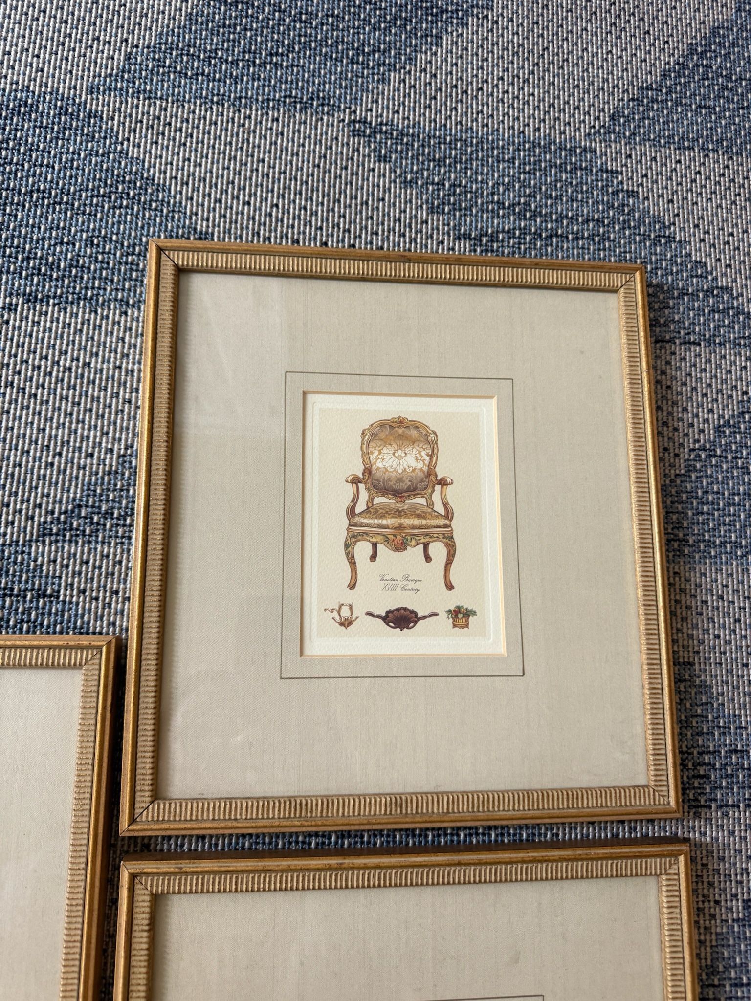 Lot of 5 vintage gold framed matted fancy arm chair pictures Italian English p/u Jamison, Pa 11”x12” frames