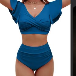 Women's High Waisted Bikini Set Bathing Suit Cute Ruffle Criss Cross Swimsuit Small