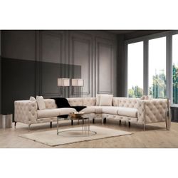 122-in W Modern Off-white Sectional, Sofa Couch , Living Room Couch , Living Room Velvet Couch , Beige 