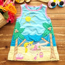3T SLEEVELESS COLORFUL GIRL ON BEACH SCENERY A-LINE TUNIC COTTON DRESS