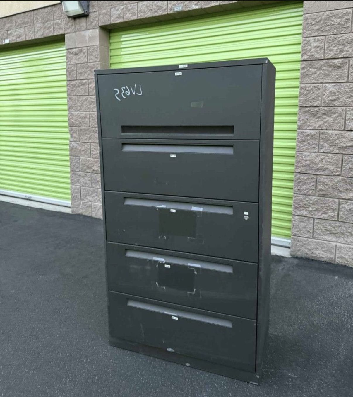 Lateral file cabinet heavy duty metal 38" L x 18" w x 65" h, no keys, gray $50