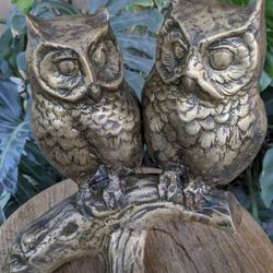 MCM Mid Century Brass Pair of Owls on Tree Branch 