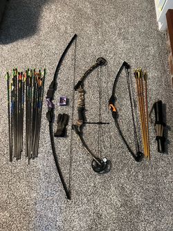 3 Bows, 24 Arrows, Leather Glove, & Quiver