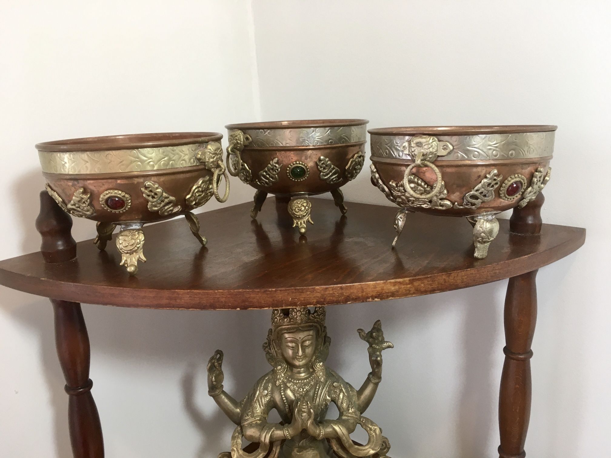 Ornate Copper and Brass Bejeweled Footed Bowl