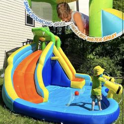 ROOJER Inflatable Water Slide Park for Kids Backyard 8-in- 1 Blow Up Crocodile Spray Slide with 450W Blower, Splash Pool, Climbing Wall, Water Cannon,