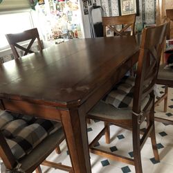 Pub Kitchen Table With 6 Chairs  36”H, 54”x36” (54x54 With Leaf)