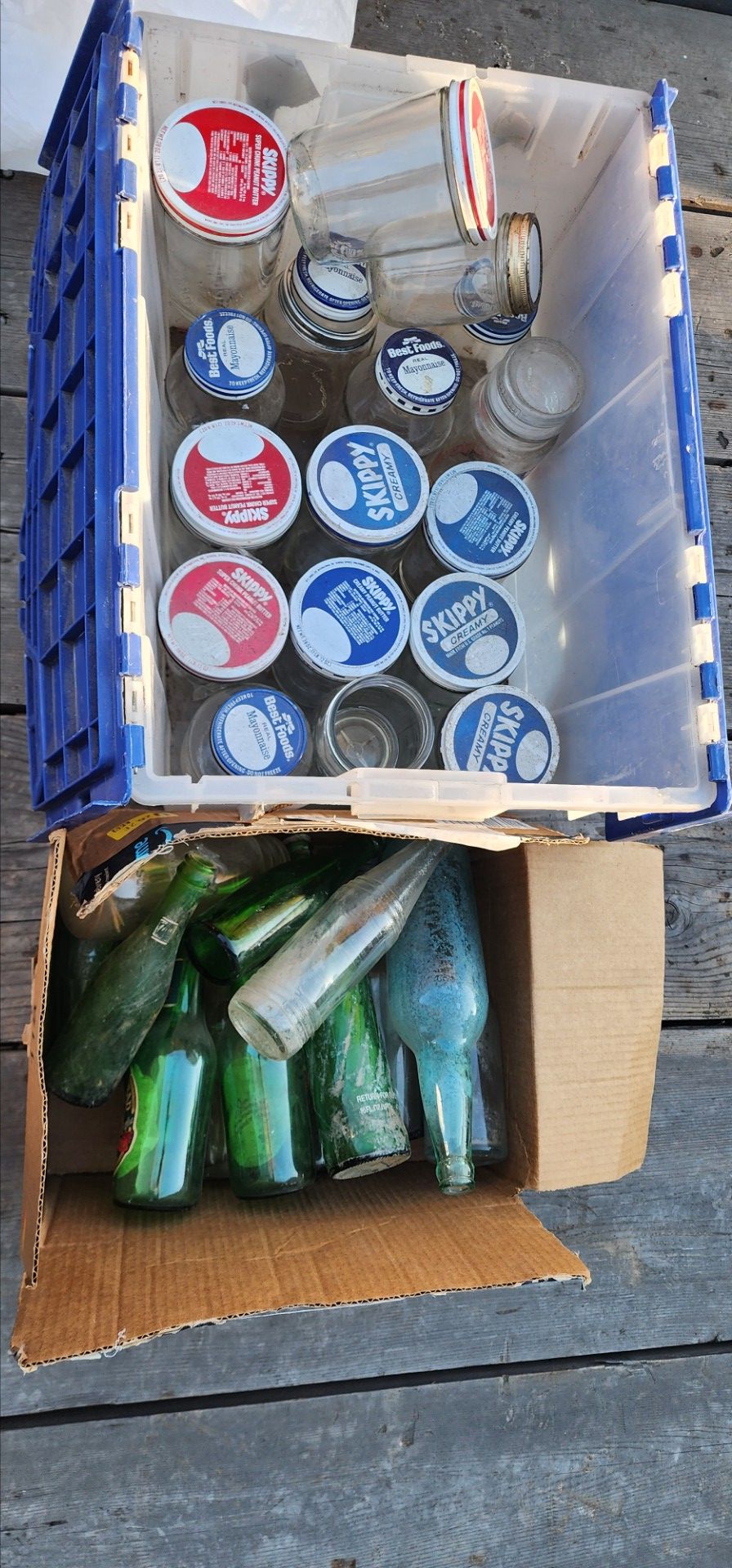 Tote Of antique bottles and glass jars