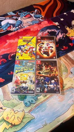 Nintendo switch games. $80 for all 4. Sonic Mania, the incredibles, Sponge bob, Sonic Force
