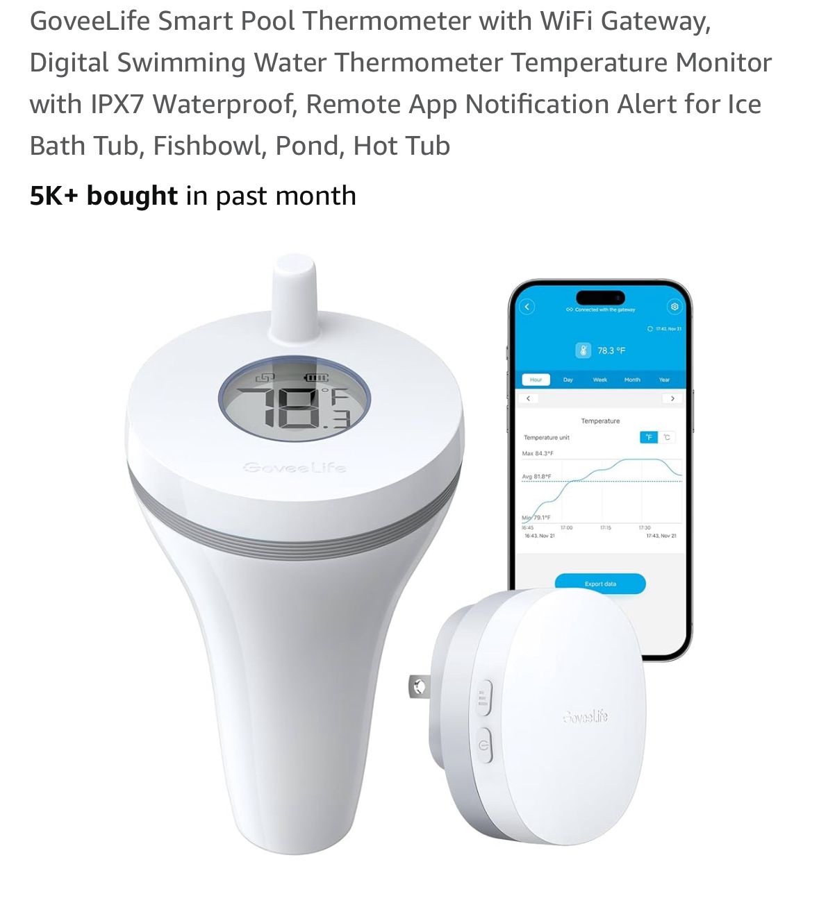 Smart Pool Thermometer with WiFi Gateway, Digital Swimming Water Thermometer Temperature Monitor with IPX7 Waterproof, Remote App Notificati