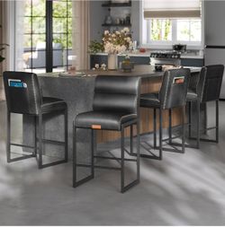Bar Stools Set of 4, Counter Height Chairs with Backs, 26.4-Inch Transitional Barstools, Synthetic Leather with Stitching, Ink Black, EKHO Collection 