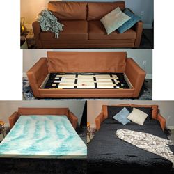 Queen faux leather pullout bed sofa couch w/6in memory foam w/bedding set