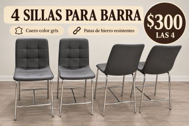 Set of 4 Gray Leather Bar Stools