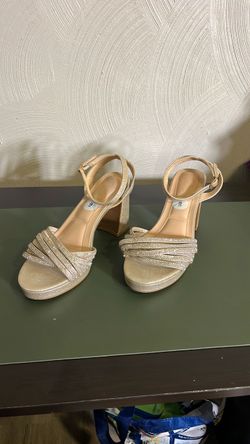 Sparkling Gold Rhinestone Platform Wedge Sandals - Size 9