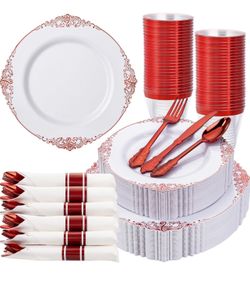 Nervure 350PCS Red Plastic Plates - White Red Plastic Dinnerware Set for 50 Guests - 100 Red Disposable Plates, 50 Pre Rolled Cutlery Set, 50 Cups Per