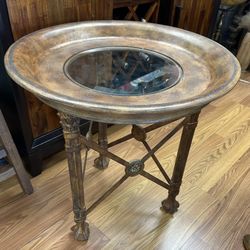 Vintage Regency Brown Wood Iron Round Glass Top Claw Foot Side Table