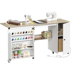 Folding Sewing Table with Charging Station, Sewing Craft Desk with Storage Cabinet, Rolling Sewing Machine Table with Pegs, Storage Shelves, 3 Lockabl