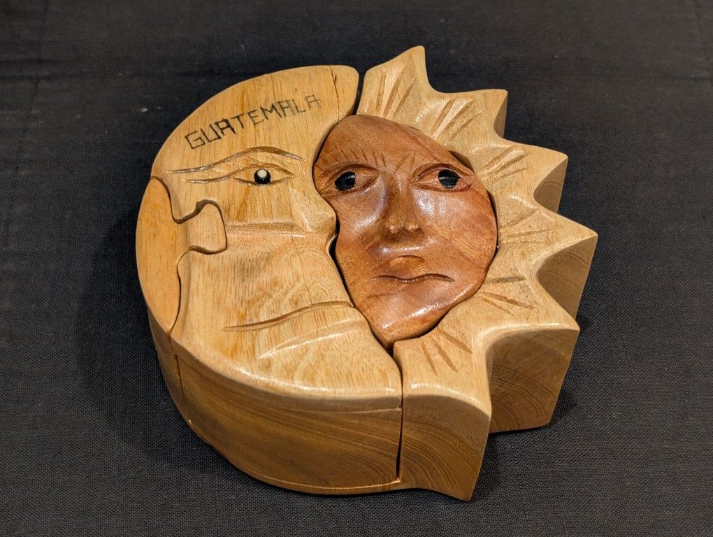 Eclipse of The Sun & Moon Wooden Puzzle Box Handcrafted w/ Secret Compartments