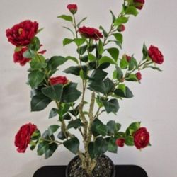 *** CLEARANCE *** 38" Faux Red Camellia Tree Topped With Labradorite Stones in Resin Planter / Metal Stand @ Lasting Creations
