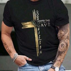 Size S,M,XL,XXL Manfinity LEGND Men Cross & Letter Print Black Short Sleeve T-Shirt Round Neck Casual