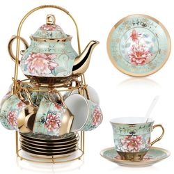 Zhehao 20 Pcs Porcelain Tea Set With Metal Holder And Spoon Adult Ceramic Tea Set European Flower Painting Teapot Cup Saucer Spoon For Women, Large Ve