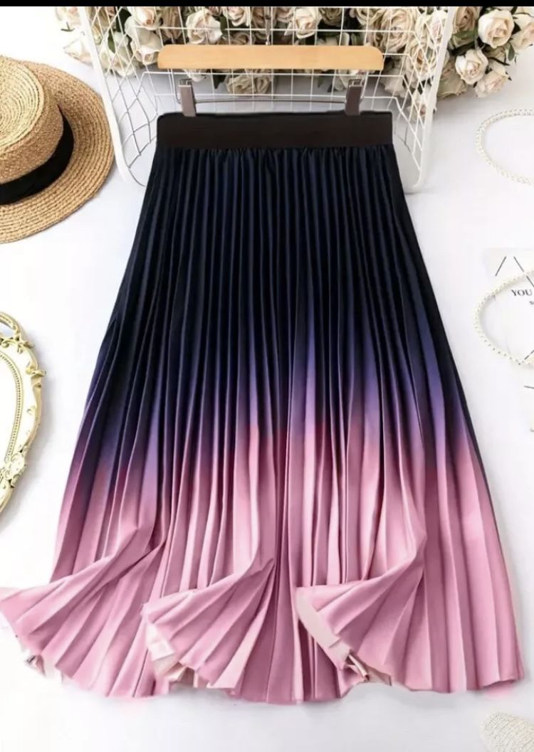 Plus 20 2x Purple Pink Pleated Ombré Skirt Stretch Flowy Silky Long