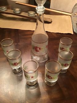 Vintage Wine Decanter And Matching Glasses Frosted, Gold Trim And Rose Design