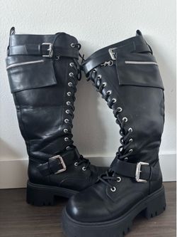 Black thigh lace-up platform boots