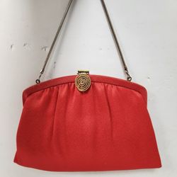 Vintage Red Clutch Purse With Gold Flower And Gold Chain Mini Strap