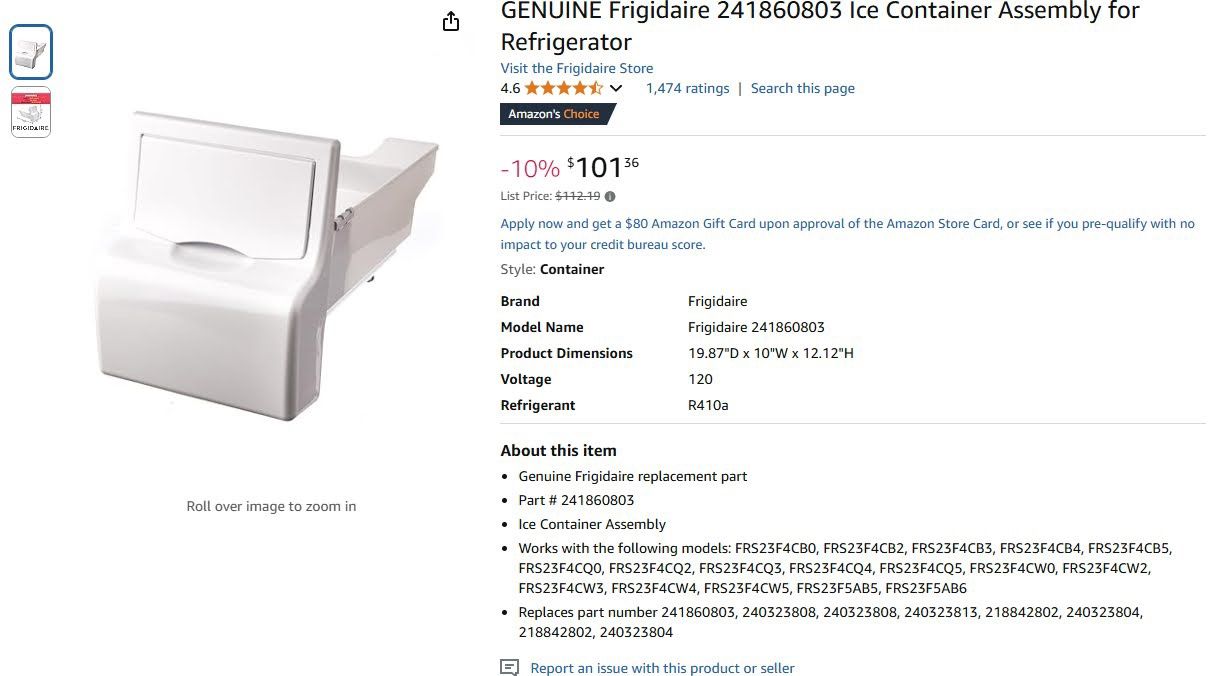 GENUINE Frigidaire (contact info removed)03 Ice Container Assembly for Refrigerator