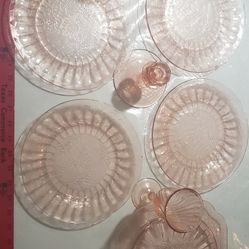 8 Jeanette Cherry Blossom Pink Depression Glass Amelia Glass 4 plates,2 wine glasses,platter,candleholder