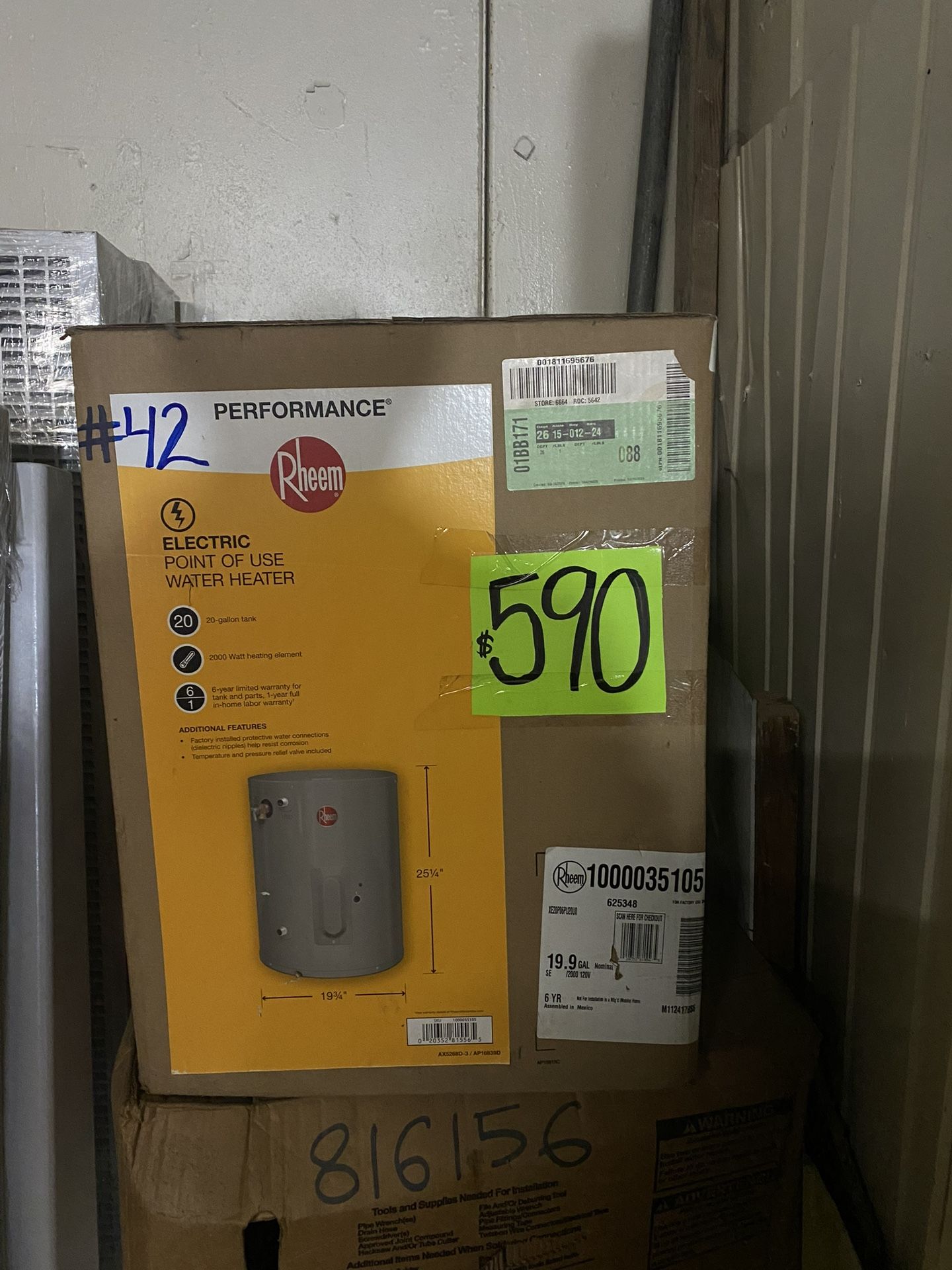 20 GAL water heater (NEW Rheem) with 6 year warranty