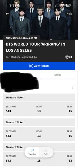 BTS SOFI Stadium LA Sun Sep 6th (2 Tickets)