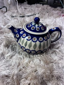 Polish Pottery TEAPOT Boleslawca Hand Made in Poland Blue Peacock Eyes