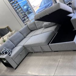 ✅️✅️4 pc Grey boucle fabric sectional sofa with storage chaise and love seat and pop up sleep area in center drop down tray tables✅️✅️✅️