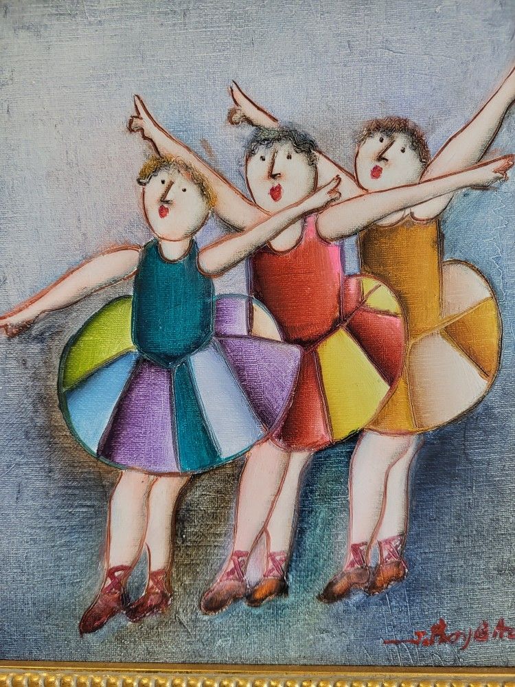 J Roybal Oil Dancing, Three Ballet Dancers, Original Oil Painting, Signed, Vintage, Ballet Girls, Whimsical, Joyce Roybal Art