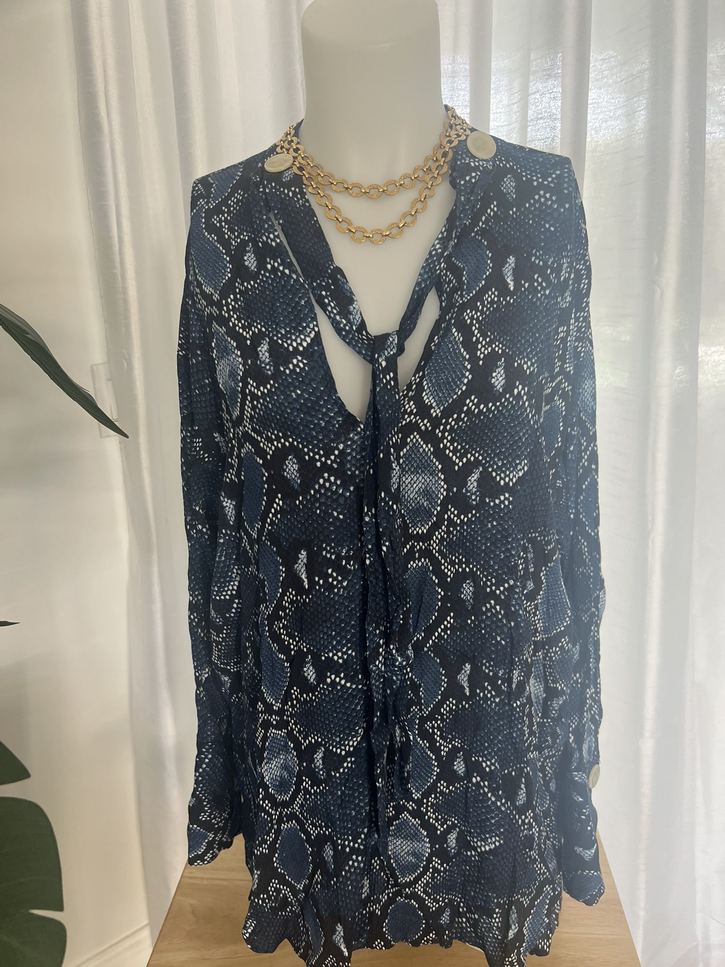 Zara Women's Python Snake Print Long Sleeve Tie Neck Tunic Blouse Blue,