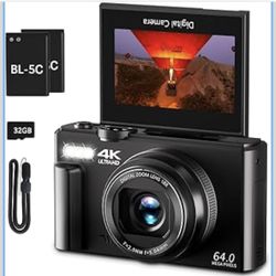 New-4K Digital Camera for Photography, 64MP Vlogging Camera for YouTube with 3" 180° Flip Screen, 18X Digital Zoom Point and Shoot Camara with 32GB Mi