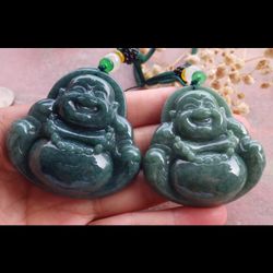 2pcs Certificate JADEITE Jade Hand Carved Pendant joy Big Happy Buddha God 