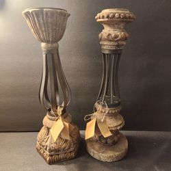 Vintage Mt Pinatubo Volcanic Stone Candle Holders Pair 16" Philippines Tags Rare